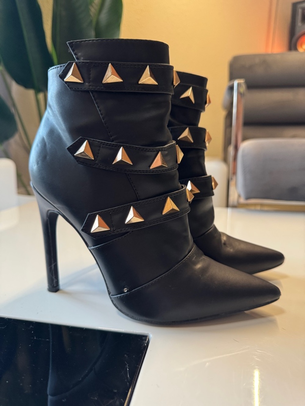 Scene by Dazzle Black Studded Pointed-Toe Stiletto Ankle Boots